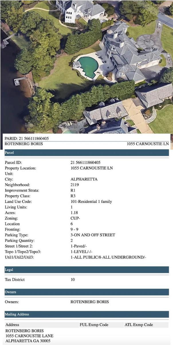 Дом Бориса Ротенберга по адресу 1055 CARNOUSTIE LN, Альфаретт и выписка из реестра недвижимости округа Фултон, штат Джорджия