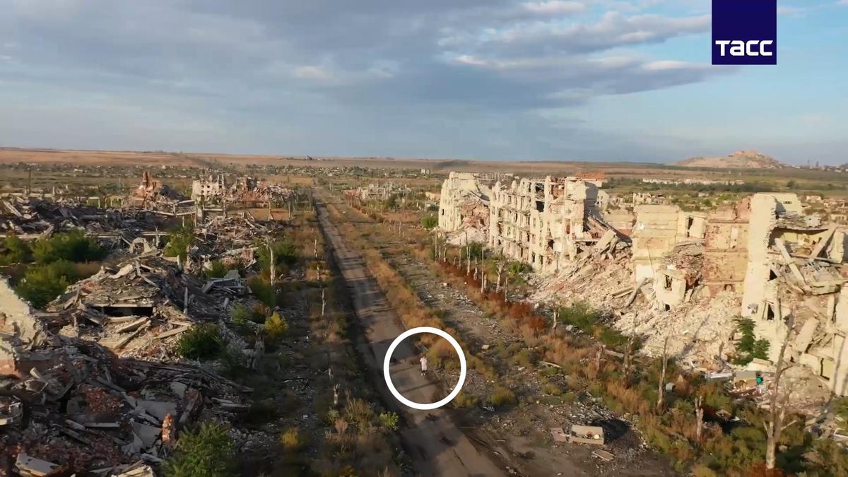 Руины Марьинки и жительница Галина. Кадр: ТАСС