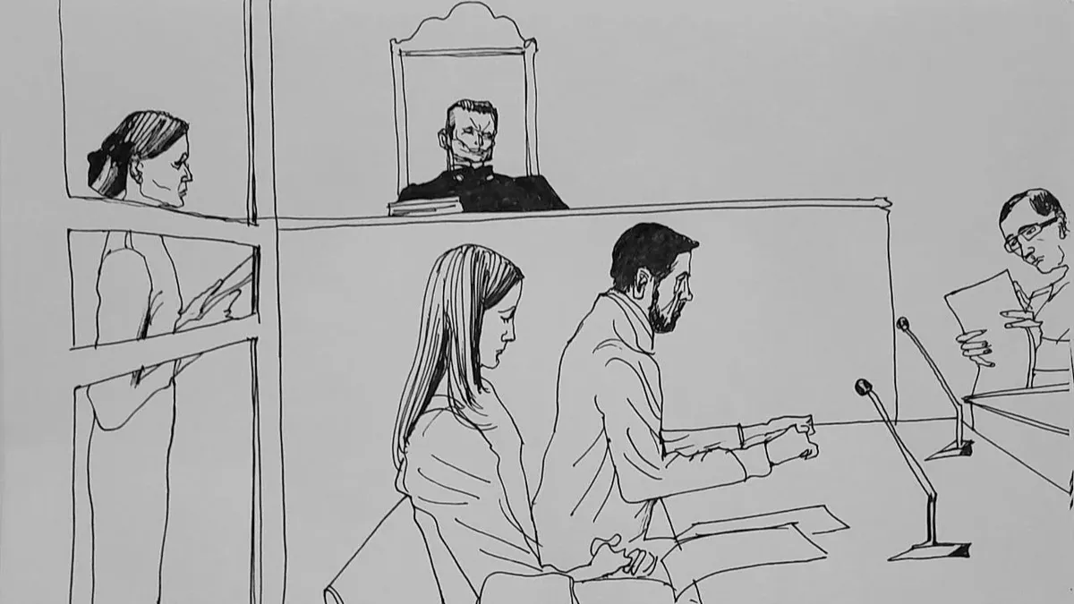 Суд над журналисткой Надеждой Кеворковой. Рисунок Екатерины Галактионовой