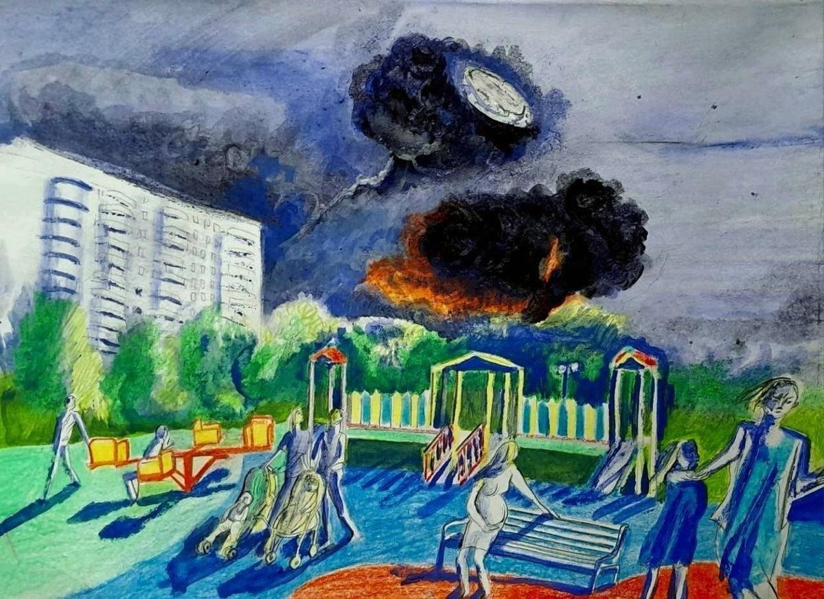 18 июня 2026 года. Акрил и восковые мелки. Автор: Сергей Дневальный, для «Новой газеты»