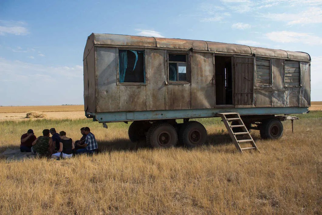 Комбайнеры отдыхают в тени вагончика на поле. Фото: Матвей Фляжников — специально для «Новой»