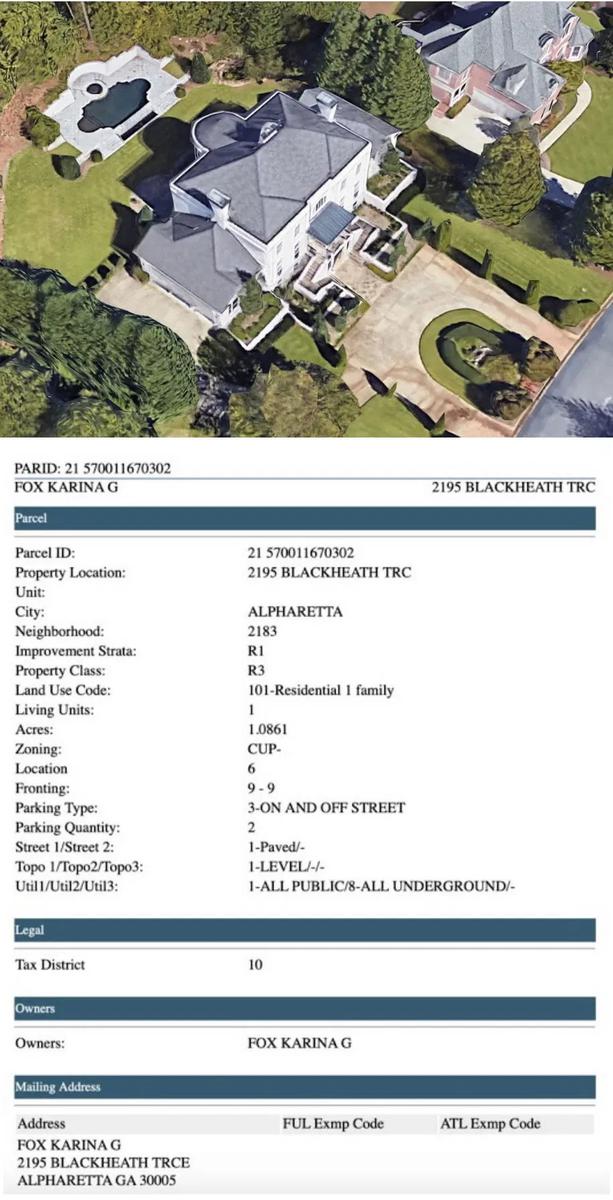 Дом Карины Ротенберг в Альфаретте и выписка из реестра недвижимости округа Фултон, штат Джорджия
