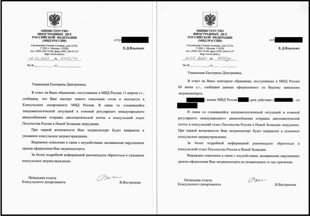 Ответы из МИДа на апрельское и майское обращение Екатерины Влызько о состоянии загранпаспорта
