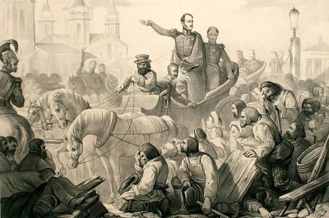 Император Николай I усмиряет холерный бунт в Санкт-Петербурге в 1831 году, литография. Источник: Wikimedia