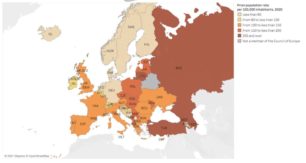Количество заключенных в тюрьмах из расчета на 100 тысяч населения / Отчет по уголовной статистике Совета Европы (SPACE)