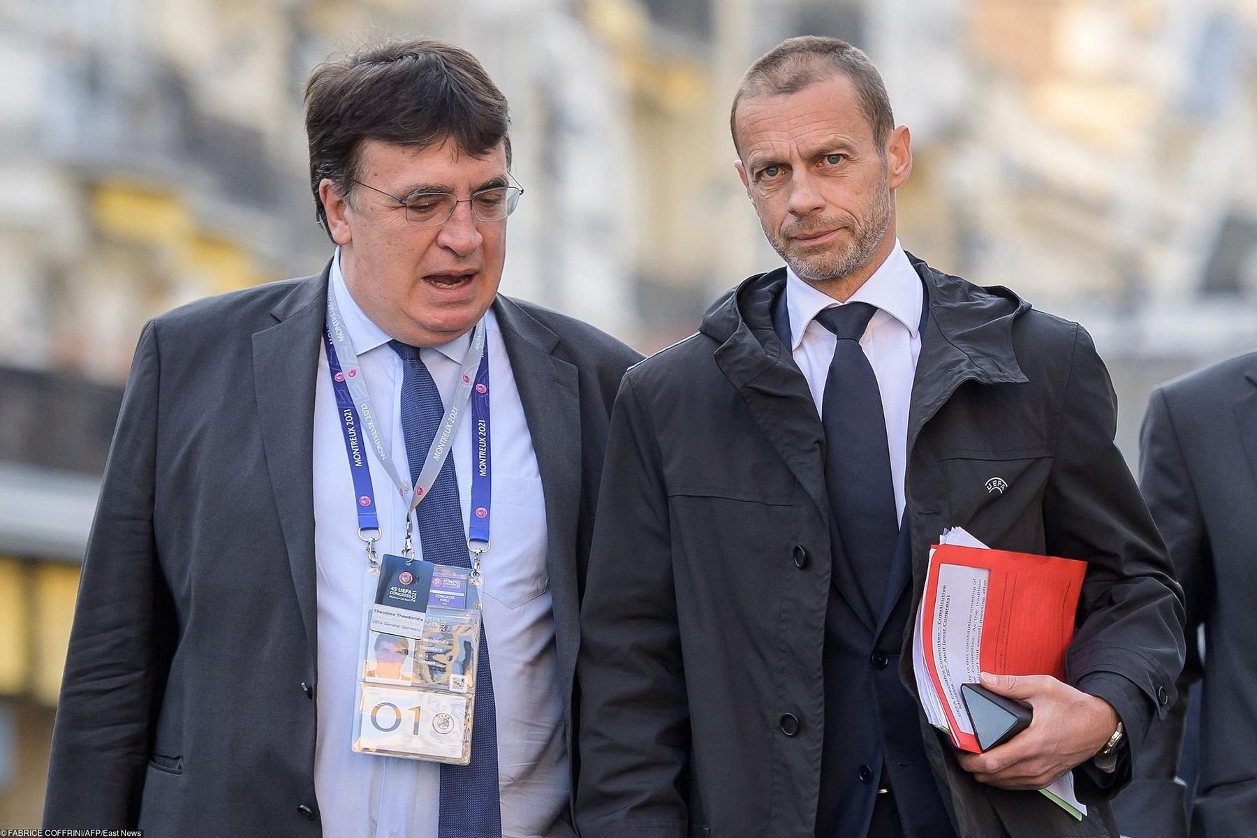 Генеральный секретарь УЕФА Теодор Теодоридис и президент УЕФА Александр Чеферин. Фото: Fabrice COFFRINI / AFP