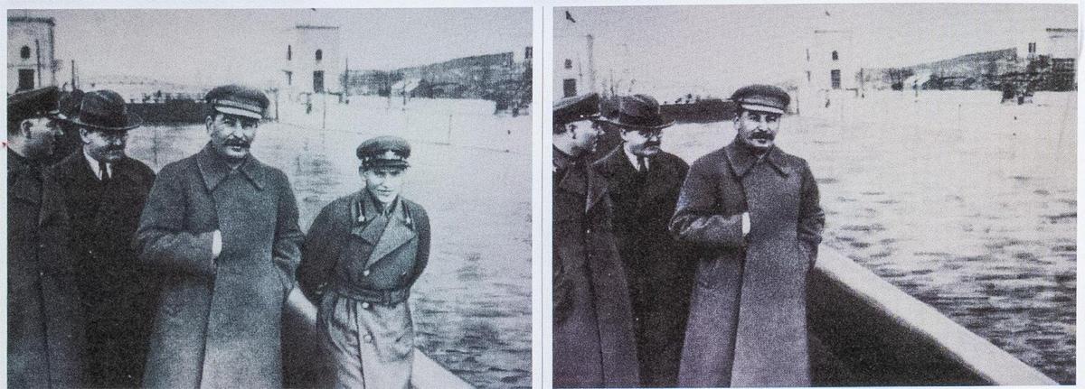 Посещение Сталиным, Ворошиловым, Молотовым и Ежовым нового канала Москва-Волга. На втором снимке Ежова уже нет. Утоп. Фото: архив