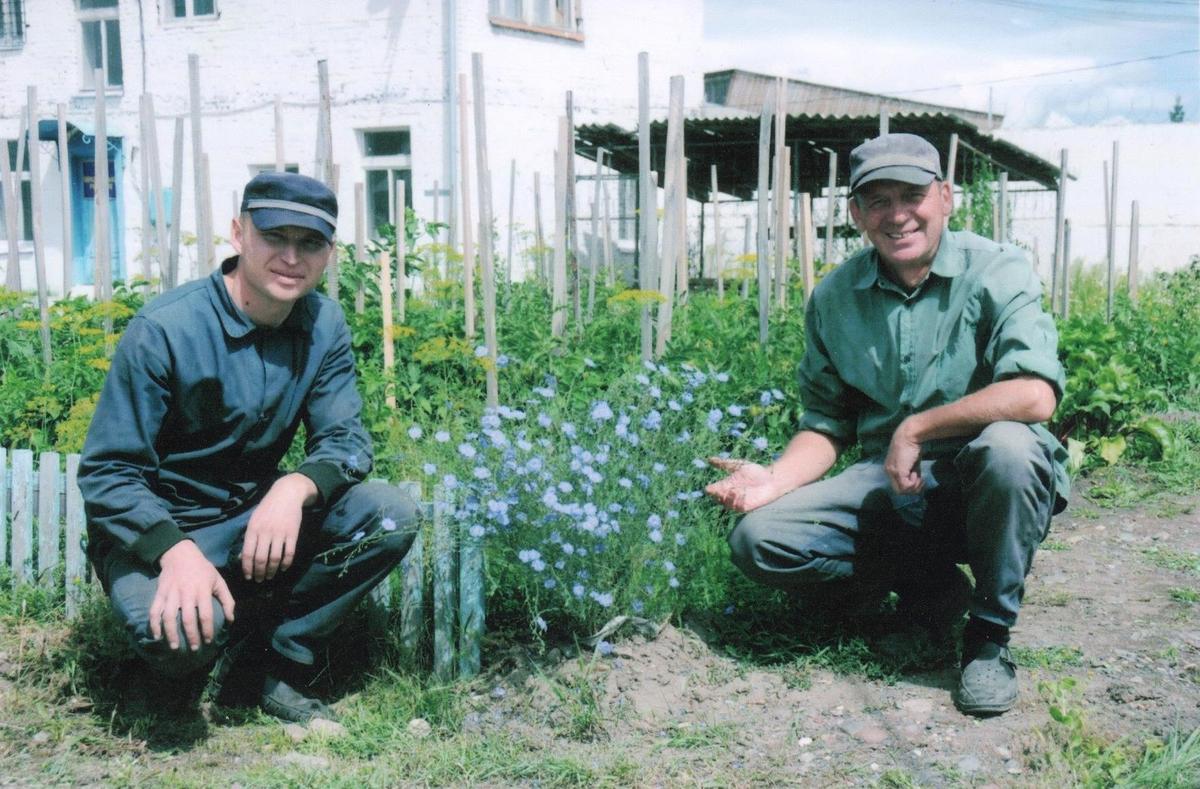 Афанасьев показывает цветы льна, выросшие в колонии, зэки этот цветок назвали Свободычем. Фото: архив