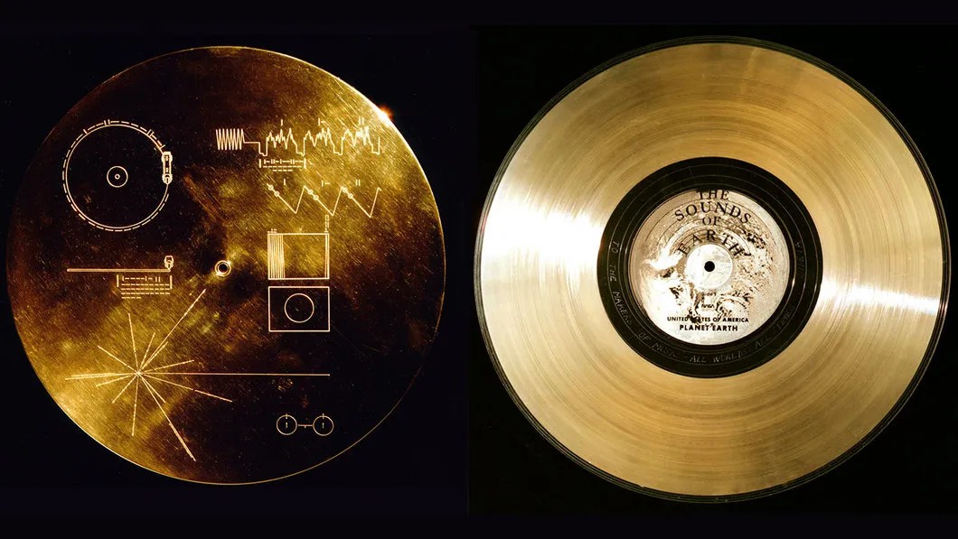 Золотая пластина с посланием для инопланетной жизни. Фото: NASA/JPL-Caltech