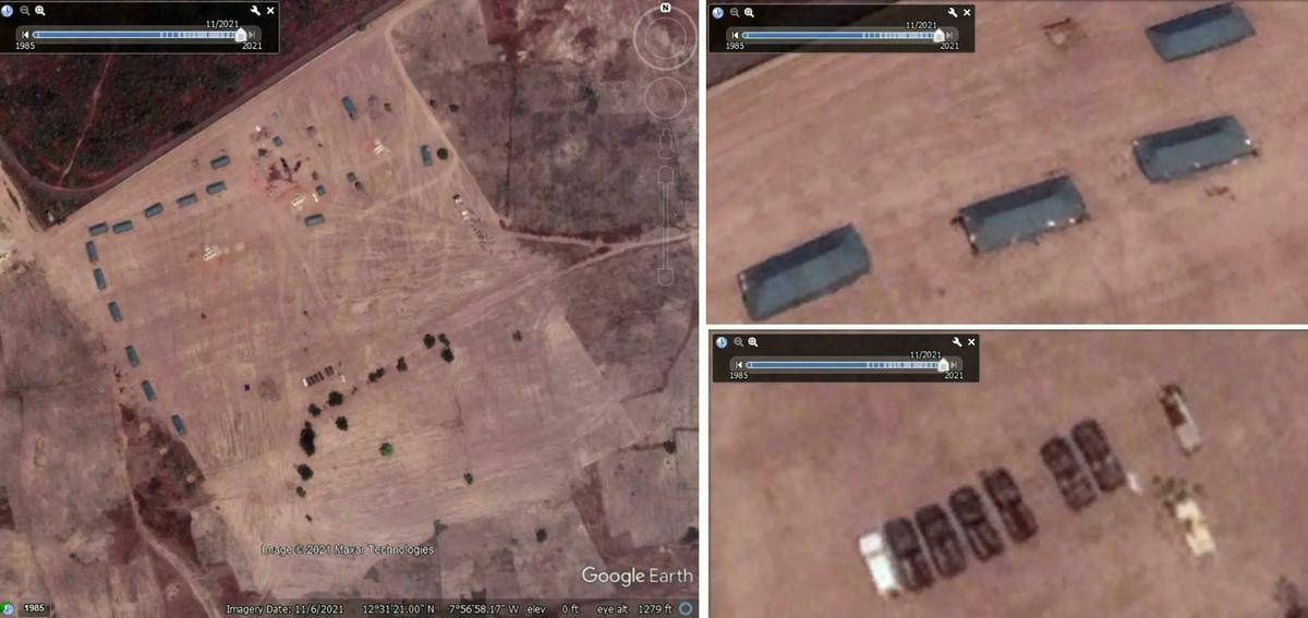 «На спутниковом снимке слева видно несколько полевых установок. При увеличении мы видим палатки и автомобили», — считают журналисты France 24. Фото: Google Earth
