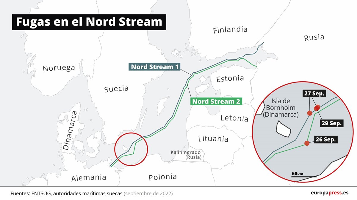 Карта с указанием четырех мест утечек после взрыва на газопроводе «Северный поток». Источник: Zuma \ TASS