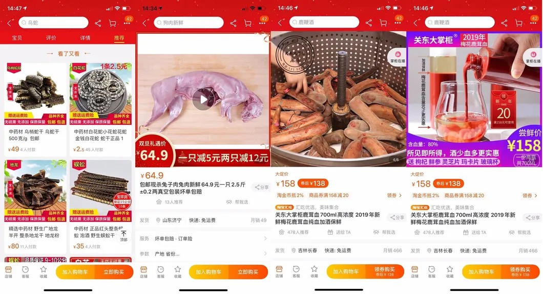 Предложения о покупке различных видов змей, цивет, рогов оленей и крови животных в китайской сети. Скриншоты предоставила героиня