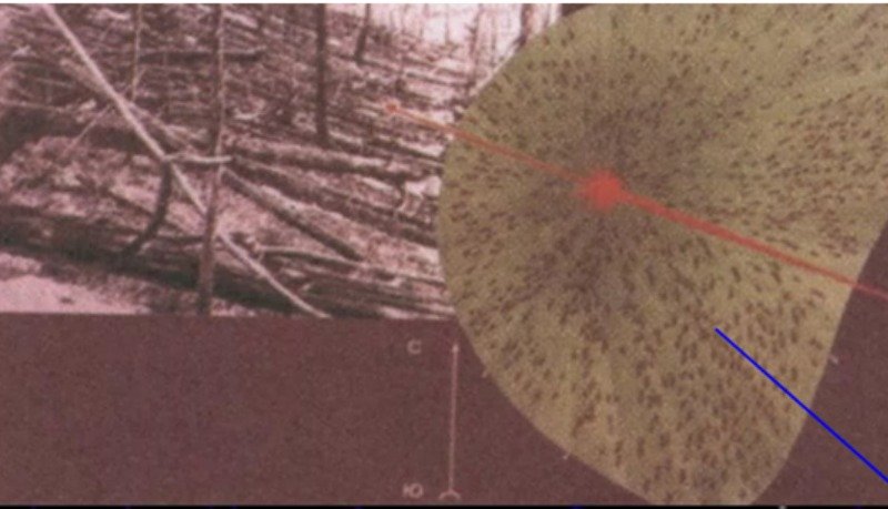 Вывал леса на месте падения Тунгусского метеорита. Фотография сделана во время одной из первых экспедиций Л.А. Кулика. Стрелки показывают направление поваленных деревьев