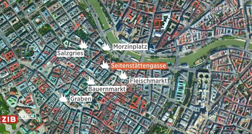 Локации Вены, которые были атакованы в ночь на 3 ноября. Красным знаком отмечена синагога. Карта: ORF
