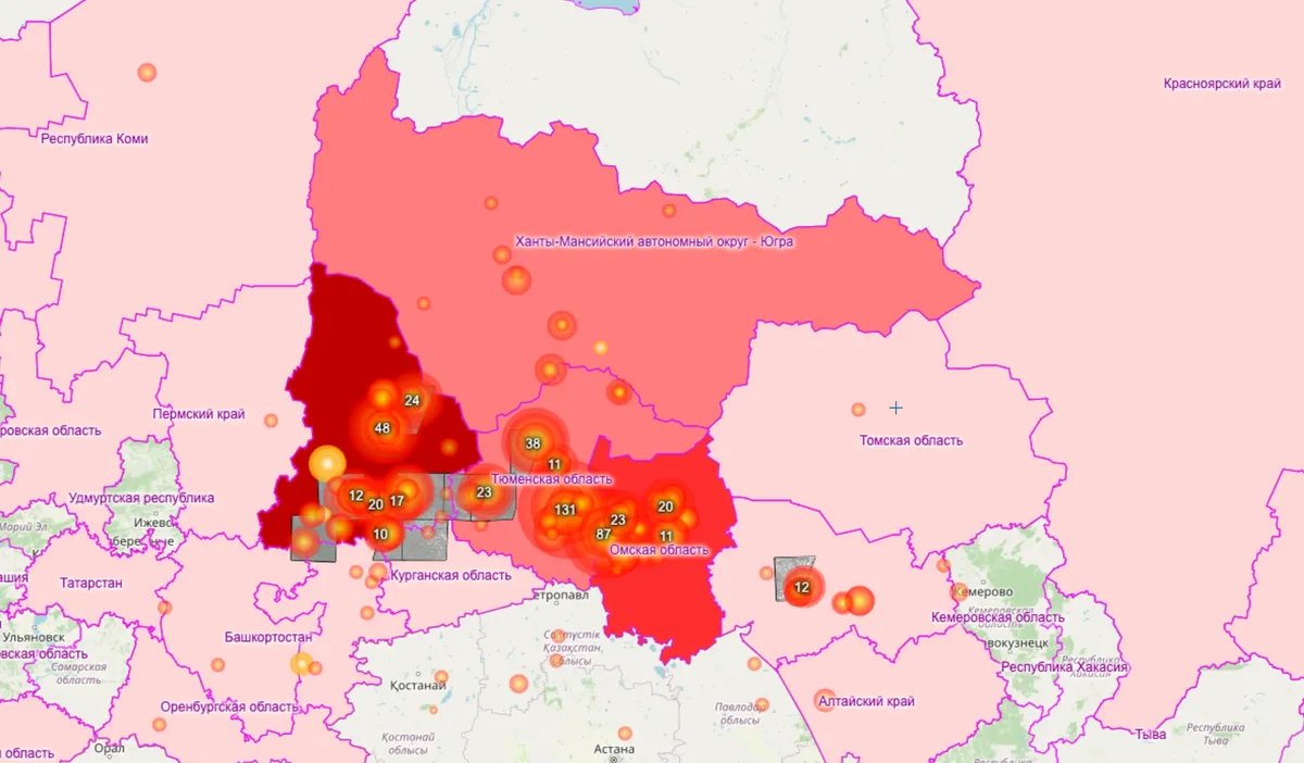 Самые крупные лесные пожары. Карта: fires.ru