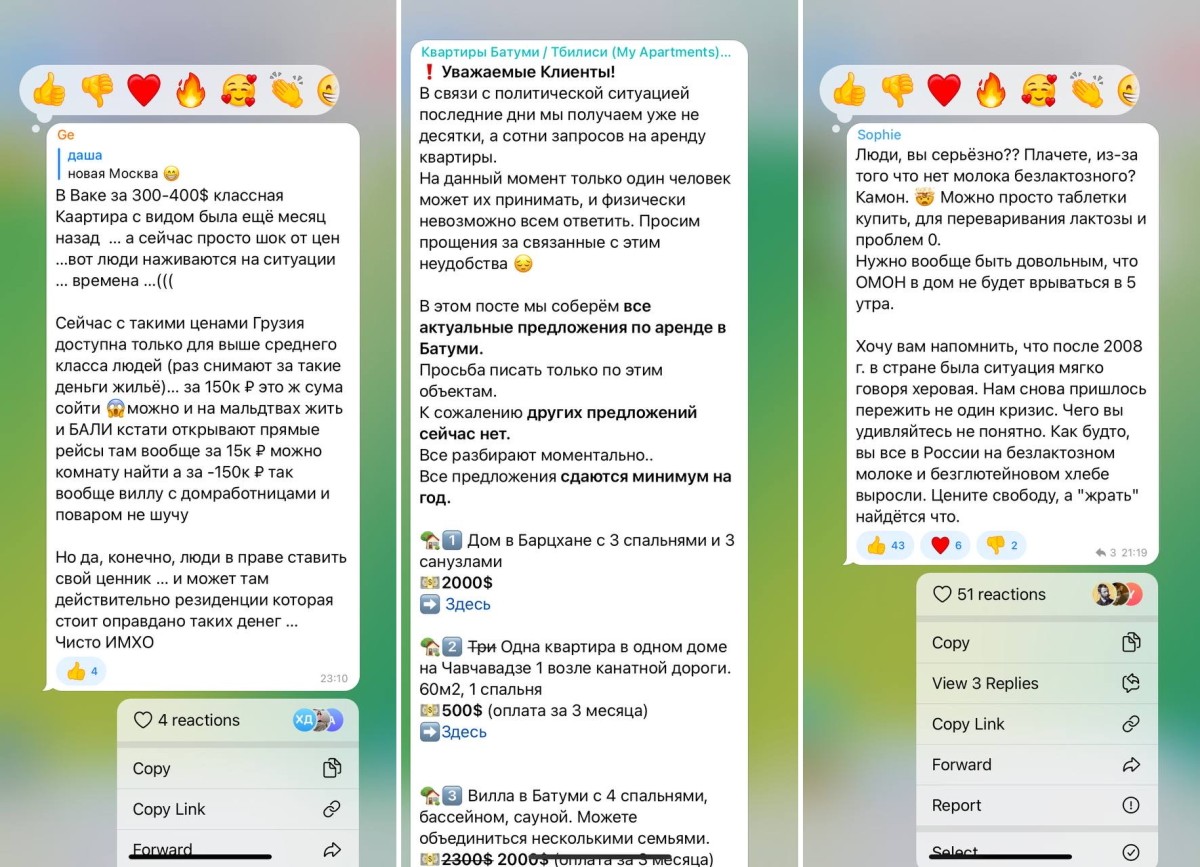 Скриншоты из переписки русскоязычных пользователей каналов взаимопомощи в Грузии