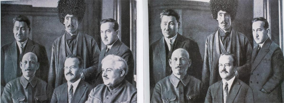 На первом снимке: Ортакулар Блан Бирликда, Заларидан Авезов, Файзулла Ходжаев, Ахун Бабаев, Вячеслав Молотов, Авель Енукидзе. Фотография из альбома «10 лет Узбекистана. На втором: фотография из издания на узбекском языке, которое вышло в 1935 году. На ней нет Авеля Енукидзе