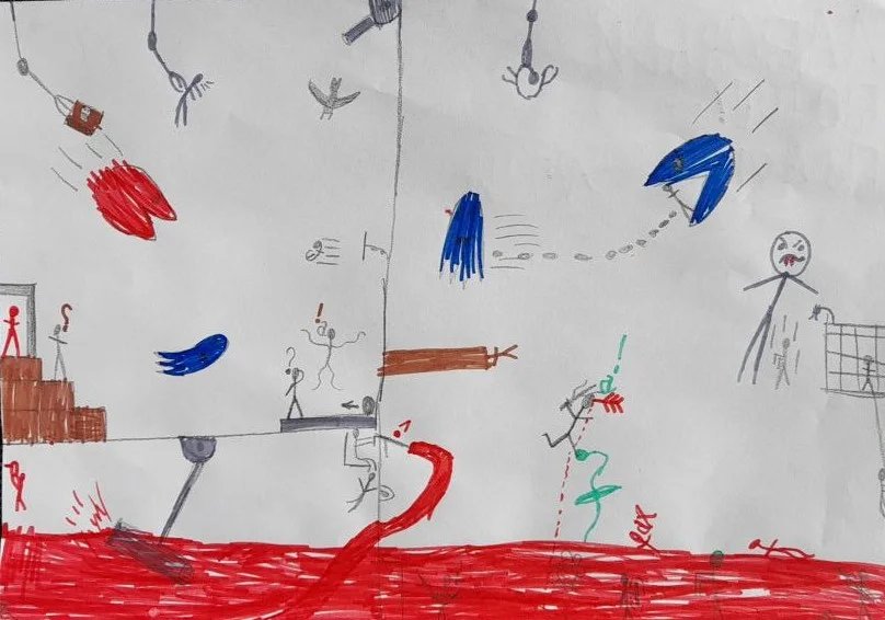 Еще рисунки детей психолога Щербакова. Здесь тоже ад, называется «Лавовый потоп, помогите!» Фото: Алексей Тарасов / «Новая газета»