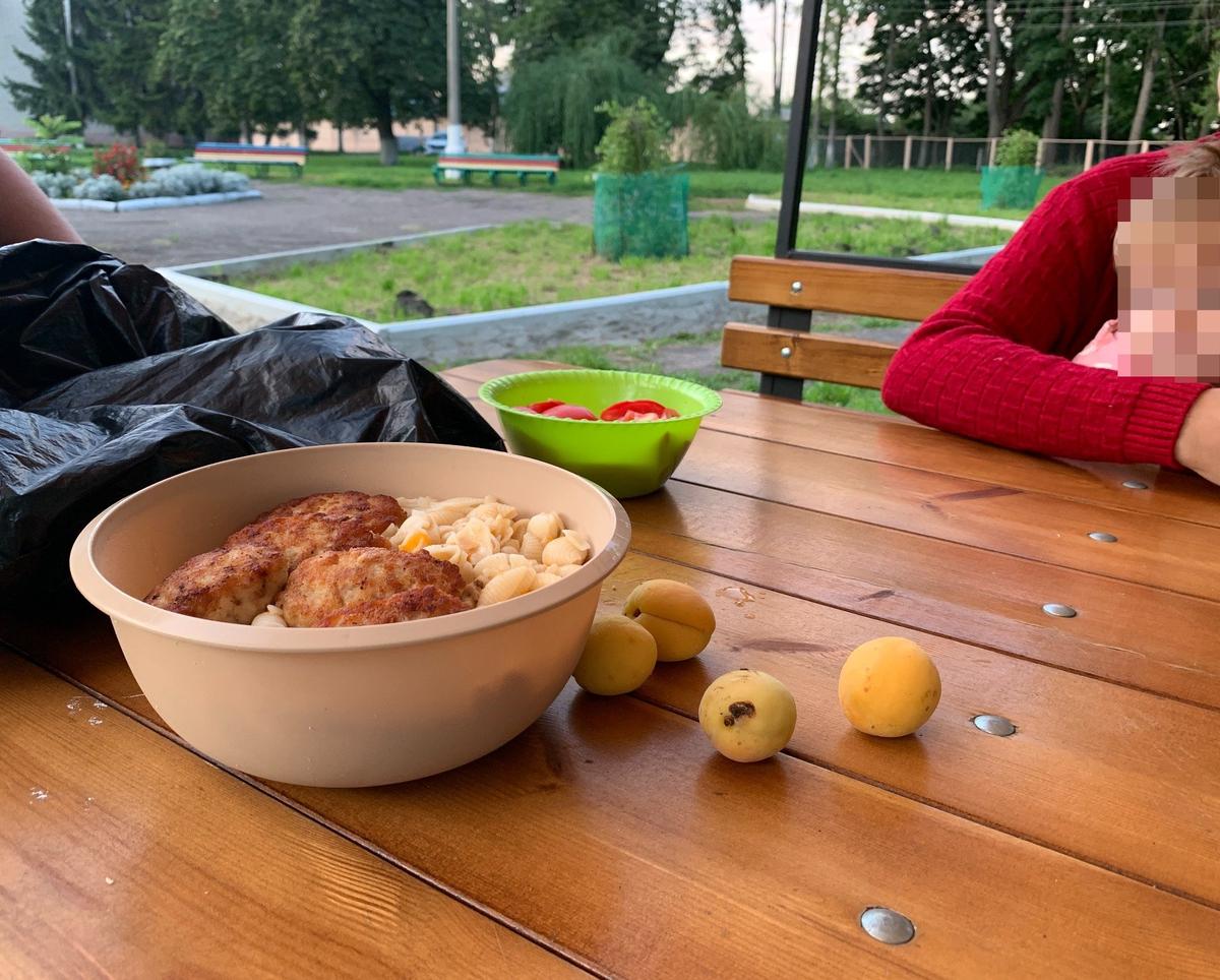 Тазик с макаронами и котлетами на семью из четверых и абрикосы. Фото: Татьяна Васильчук / «Новая газета»