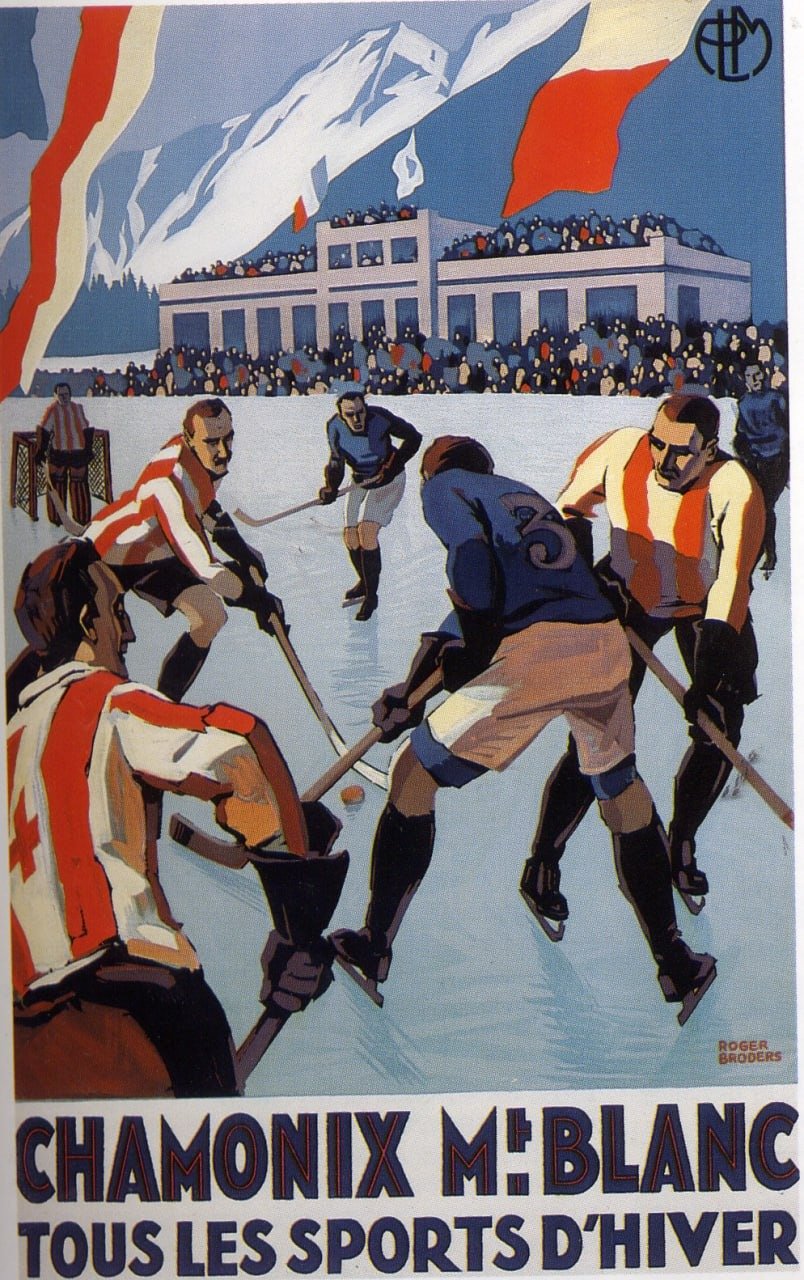 Постер с рекламой Зимних игр в Шамони. В хоккей тогда играли без защиты…