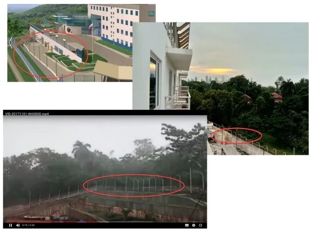 Сравниваем проект посольства, фотографию, сделанную с балкона одного из зданий, и скриншот видеозаписи, предоставленной одним из рабочих. Красным цветом выделен узнаваемый элемент объекта — ограждение и серые фонари идентичной формы.