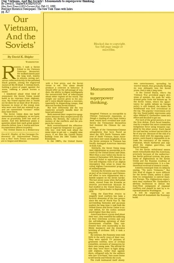 Тhe New York Times, 15.02.1989, Our Vietnam, And the Soviets’, David K. Shipler
