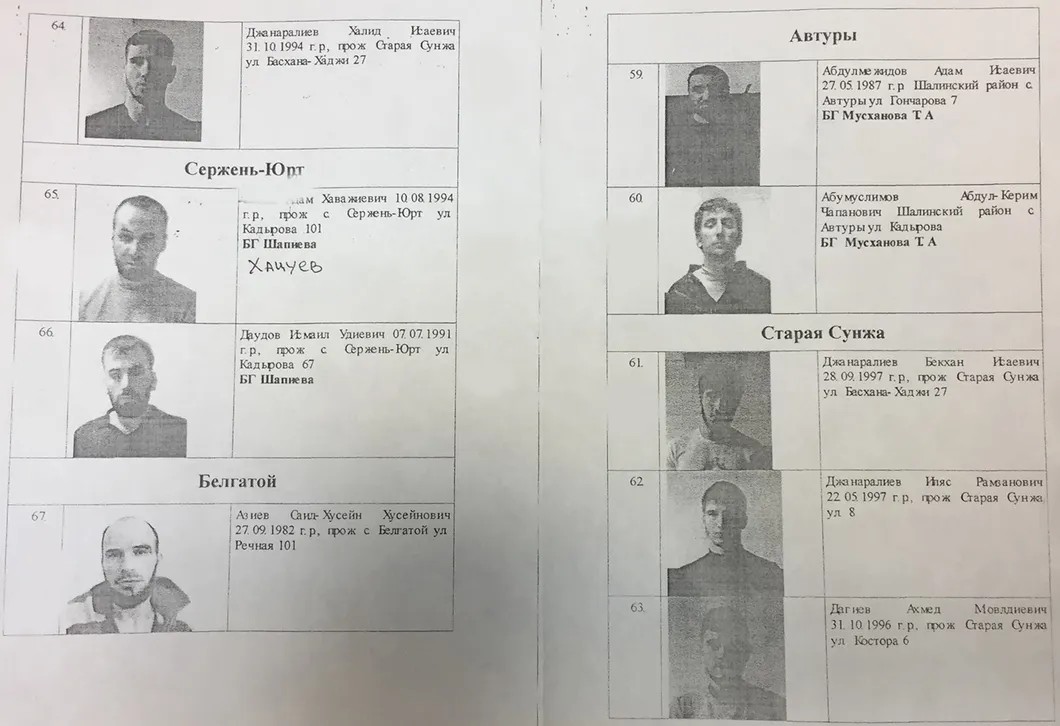 Фрагменты списка 67 жителей Чечни, задержанных в декабре 2016-го и январе 2017 года. 14 из них, по сведениям «Новой газеты», были расстреляны