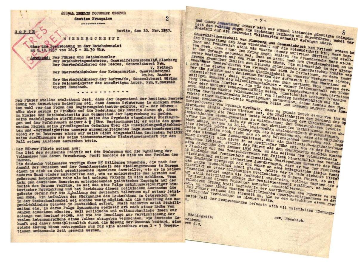 Машинописная копия «Меморандума Хоссбаха». Фото: Федеральный архив Германии
