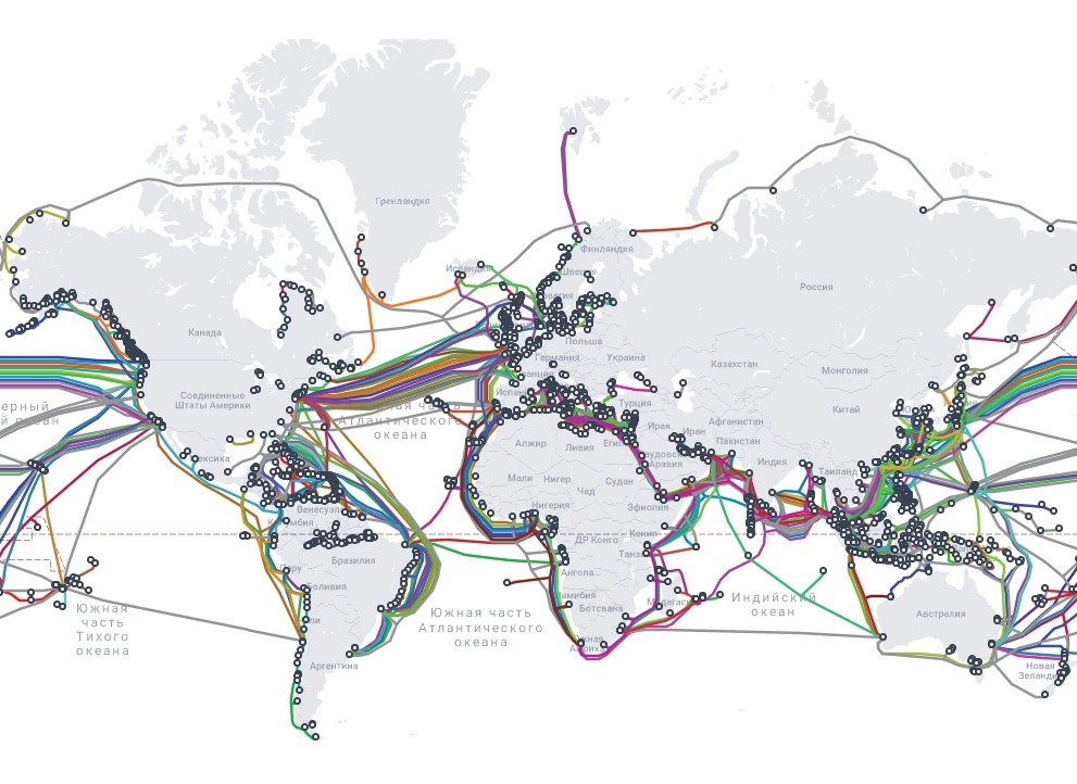 Карта оптоволоконных линий связи. Иллюстрация: google_submarinecablemap.com