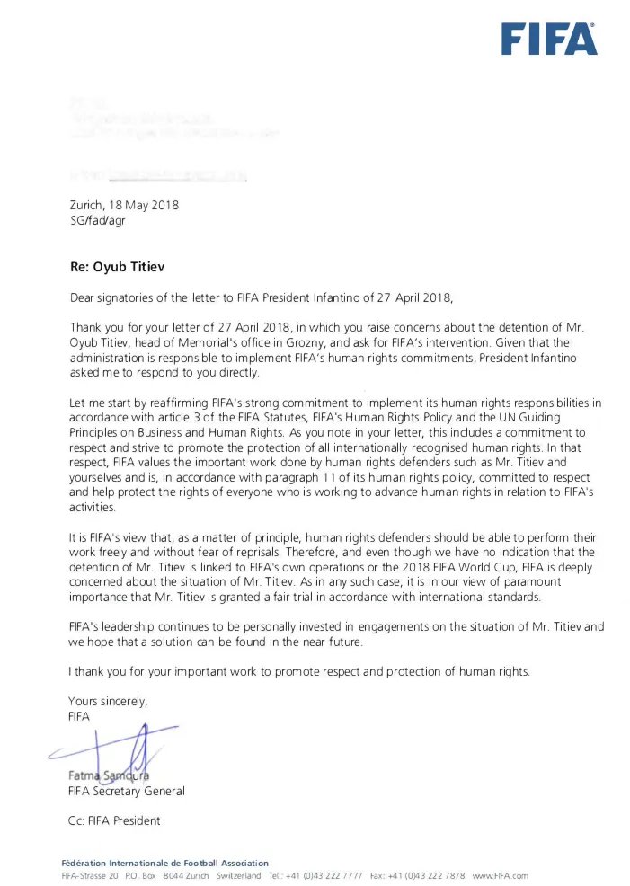 Письмо ФИФА за подписью генерального секретаря организации