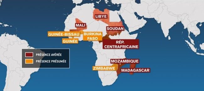 Присутствие «Вагнера» в Африке: красным — подтвержденное, желтым — вероятное.  Карта tv5monde