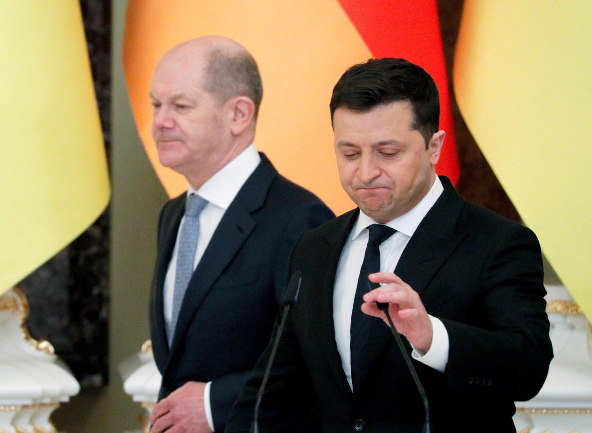 Канцлер Германии Олаф Штольц во время встречи с президентом Украины Владимиром Зеленским в Киеве, 14 февраля 2022 года. Фото: EPA-EFE