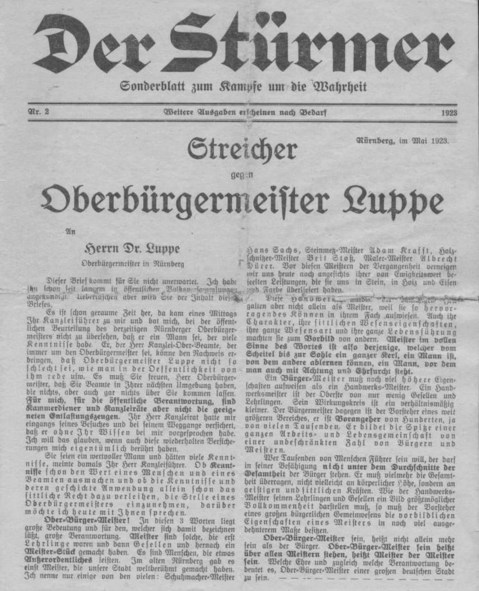 Передовица газеты «Штюрмер» образца 1923 года