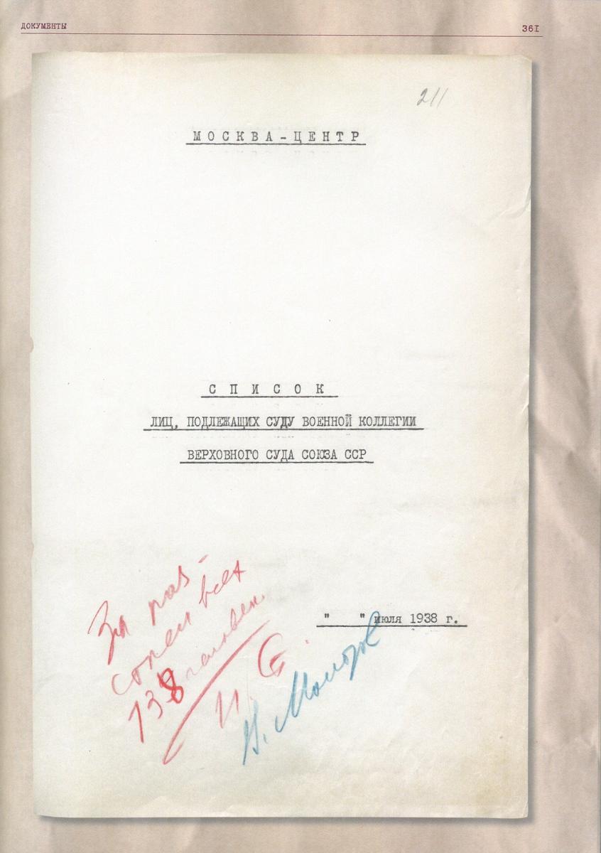 «Список лиц, подлежащих суду Военной Коллегии Верховного Суда СССР», 1938 год. Источник: архив