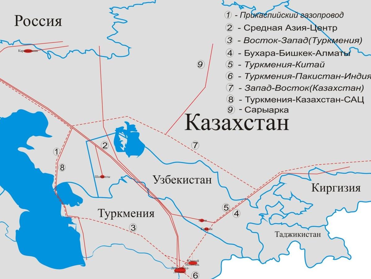 Карта газопроводов, проходящих в том числе через территорию Узбекистана