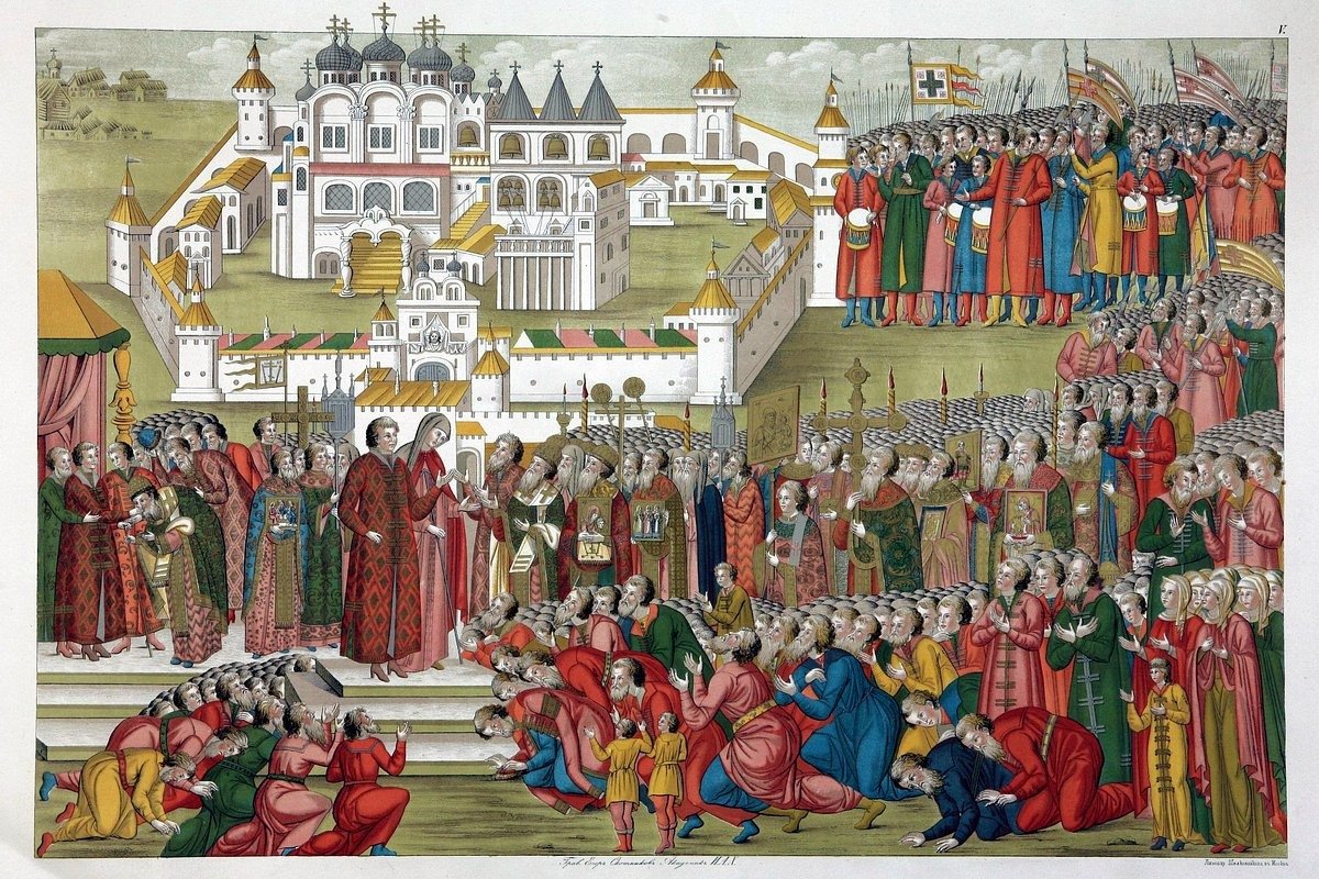 Гравюра «Посольство из Москвы к Михаилу Федоровичу Романову и его матери, инокине Марфе». Источник: Википедия