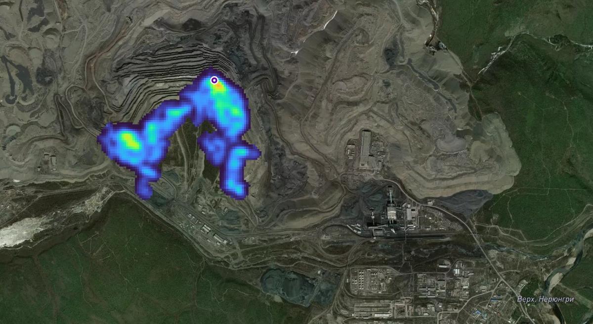 Метановый шлейф от Нерюнгринского месторождения рядом с городом Нерюнгри, вторым по численности населения в Якутии. Источник: Carbon Mapper
