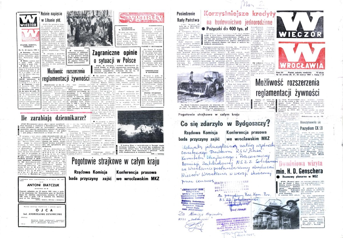 Газета «Wieczór Wrocławia» от 20-22 марта 1981 г. со снятой цензурой статьёй об инциденте в Быдгоще