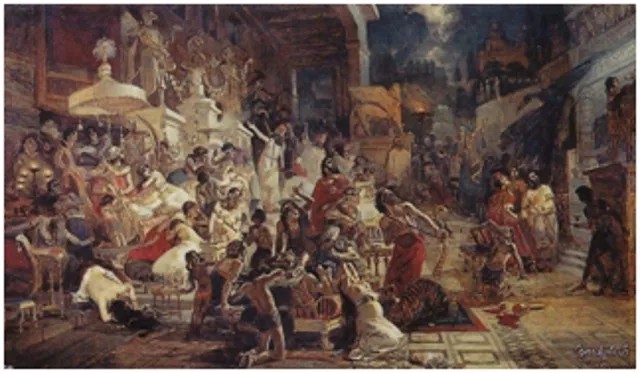 В правом нижнем углу картины «Пир Валтасара» — вытекающая из сосудов красная жидкость. Но это не кровь, а вино