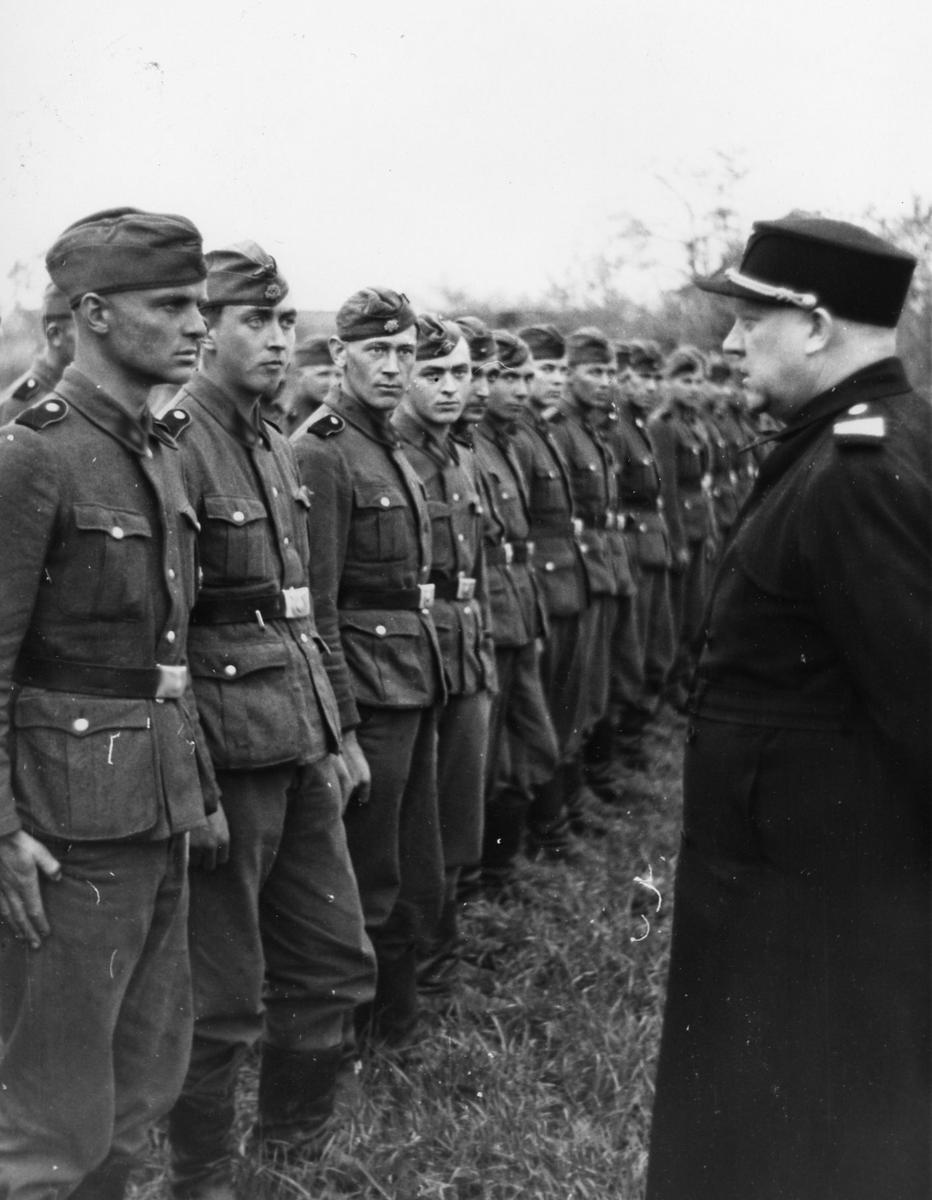 Видкун Квислинг разговаривает со стоящим в строю солдатом норвежского легиона СС на улице деревни Калиново Новгородской области. Источник: Википедия