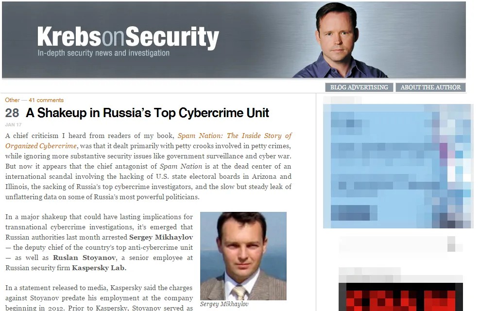 Скриншот главной страницы сайта Брайана Кребса с материалом про Сергея Михайлова