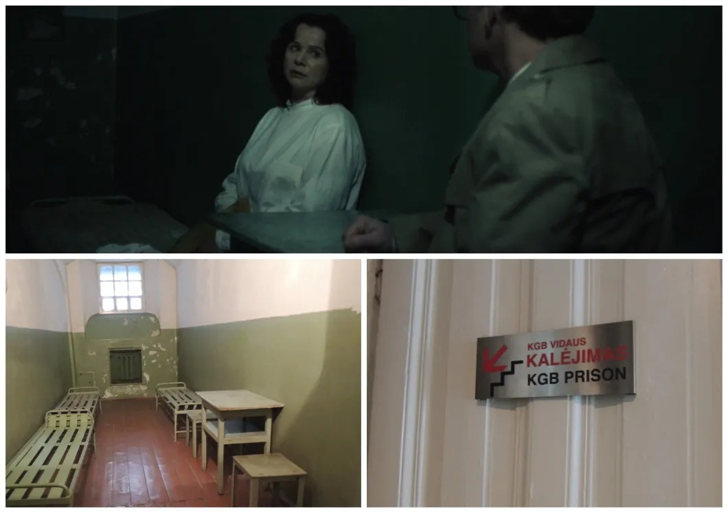 Скриншот из фильма «Чернобыль» вверху. Нижний ряд — допросная камера №14 современного музея КГБ, в прошлом это была тюрьма. Фото: «Новая газета — Балтия»
