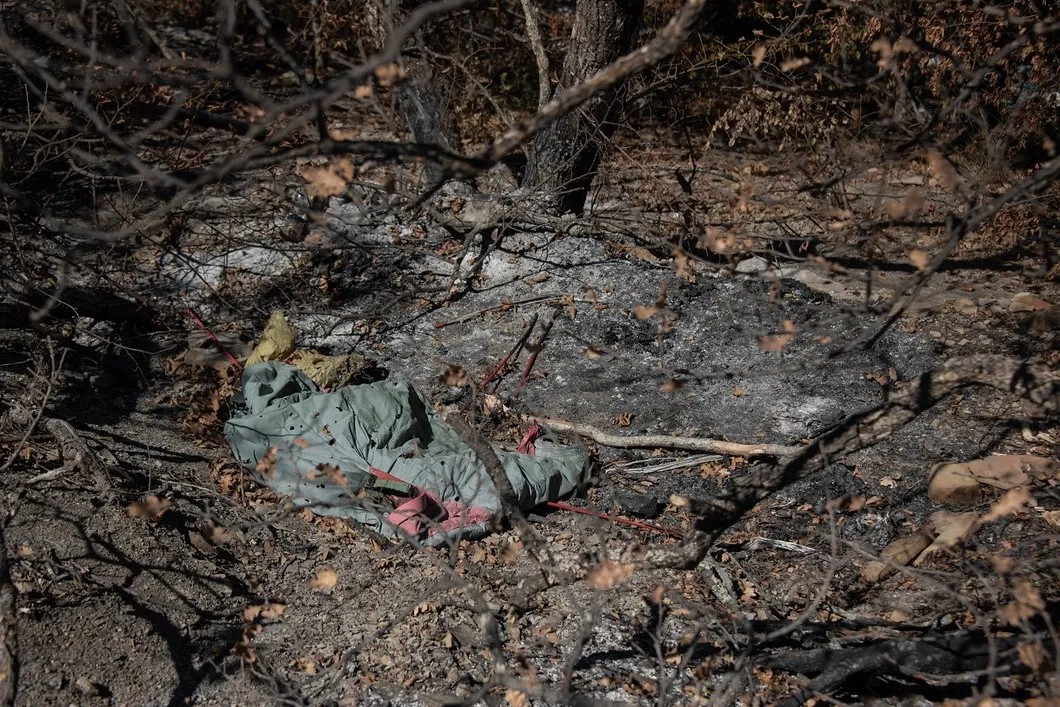 Сгоревшая палатка на месте теоретического места начала возгорания. Фото: Виктория Одиссонова / «Новая газета»