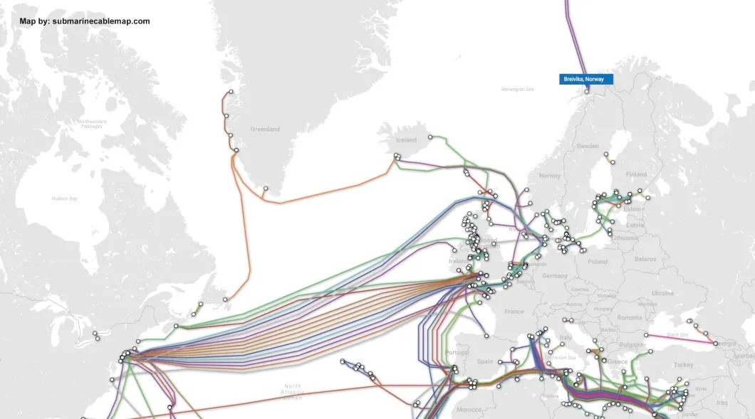 Этой схемой расположения кабелей интернета между материками подкрепляют «диверсионную» версию нахождения сверхсекретной российской подлодки в месте, где произошла трагедия. Схема: submarinecablemap.com