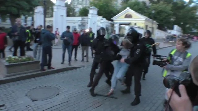 Неизвестный сотрудник полиции наносит Дарье Сосновской удар в живот уже после задержания. Кадр видео