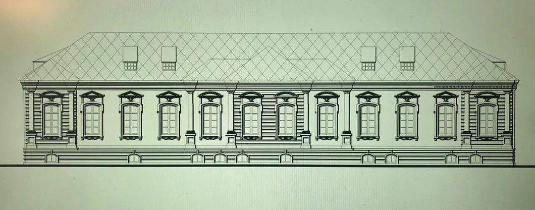 Реконструкция главного фасада на первую половину XVIII века. Чертеж предоставлен Татьяной Борисовой