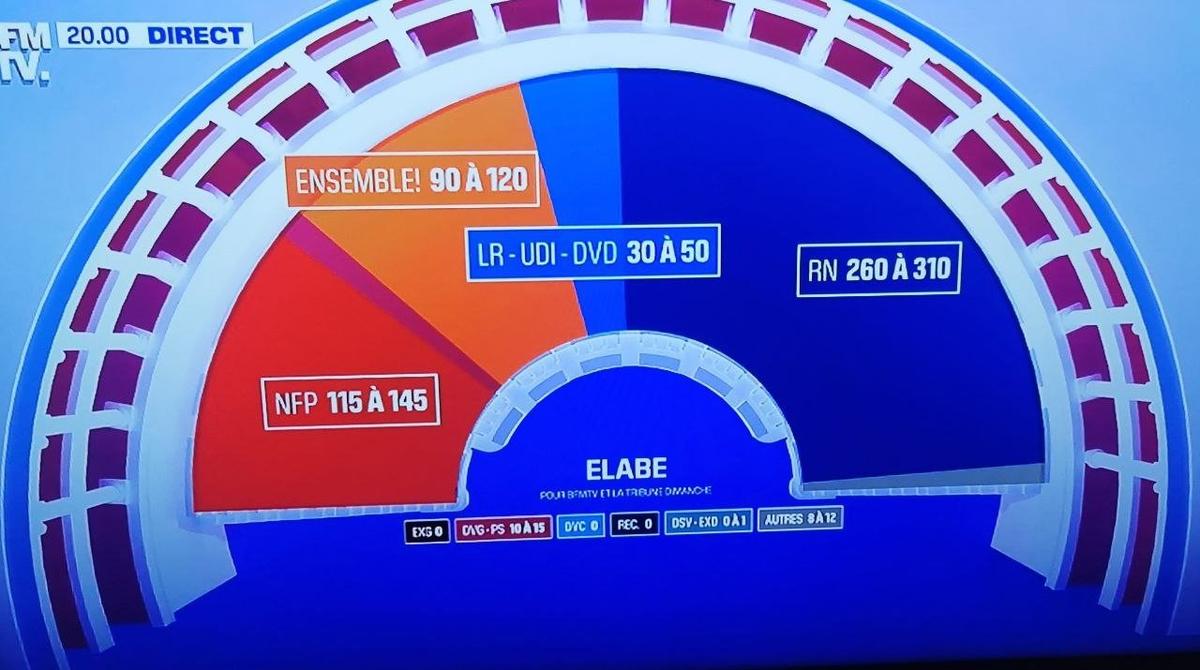 Предварительные результаты первого тура внеочередных выборов в Нацсобрание Франции. Скриншот трансляции