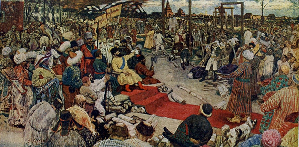 Гавриил Горелов «Пугачев в Казани творит суд», 1925 г. Источник: Википедия