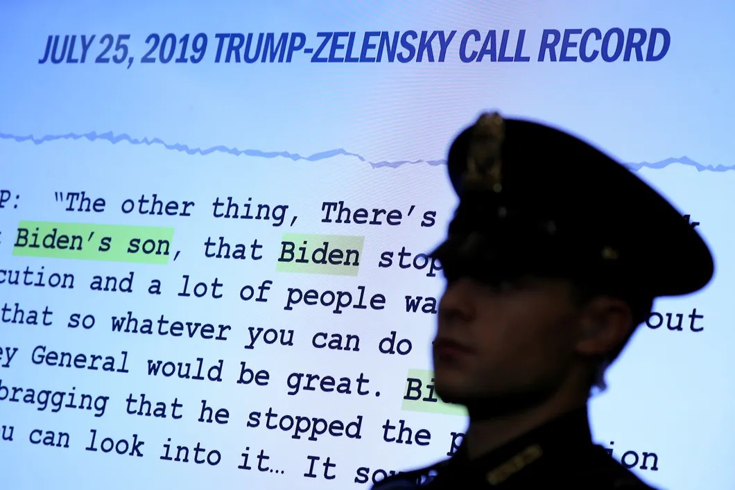 Расшифровка разговора Зеленского и Трампа на экране в ходе слушаний в комитете по разведке Палаты представителей Конгресса США. Фото: Reuters