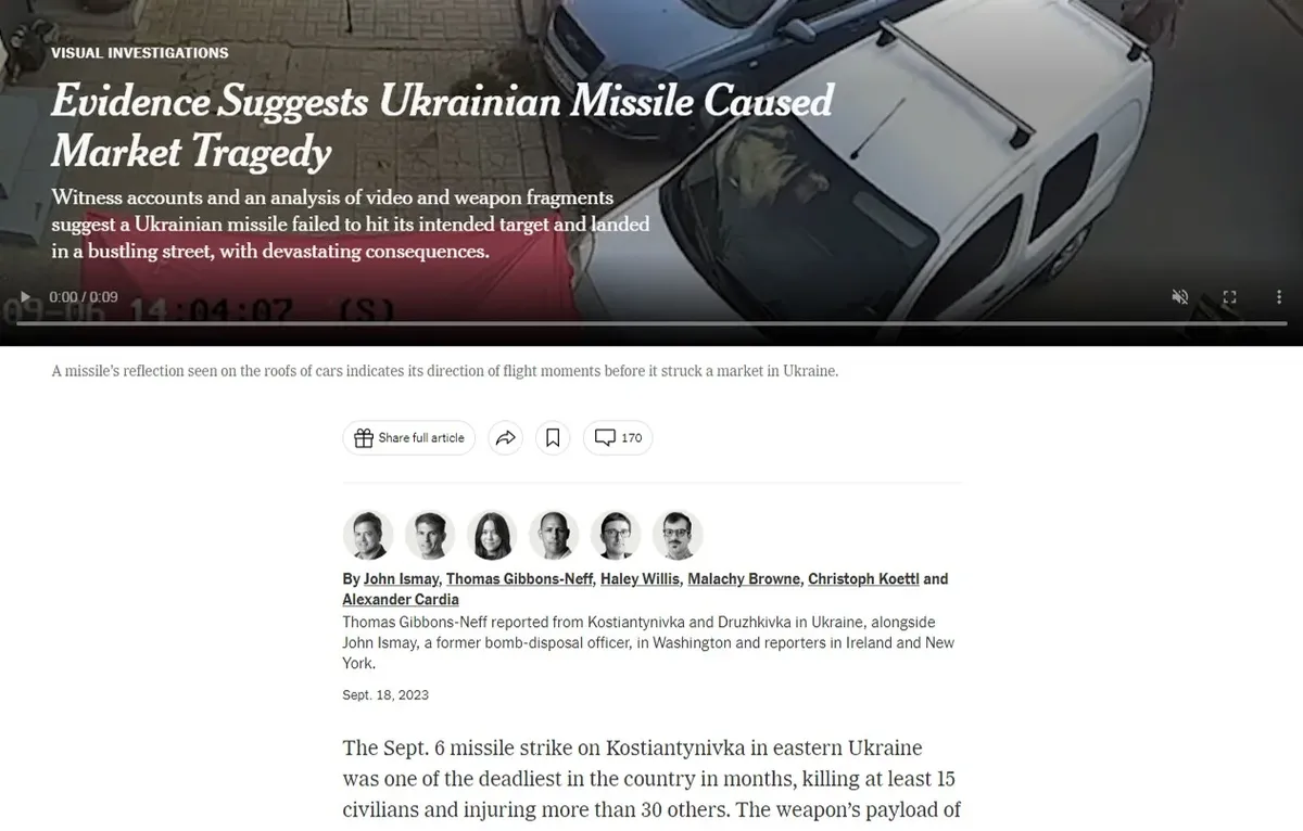 Скриншот статьи в «Нью-Йорк Таймс» о взрыве на рынке в Константиновке. Источник: The New York Times